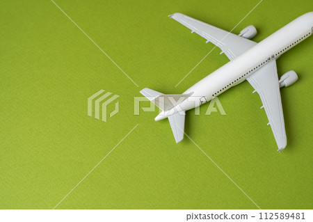 Airlines plane on a green background. Planning your trips. Additional service at airports. Arrival and departure. Business and tourism. Airline. Booking flight tickets. Ecology and success concept. 112589481
