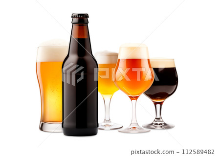 Set of Beer glasses and bottles on a white background. Mugs with drink like Ipa, Pale Ale, Pilsner, Porter or Stout 112589482