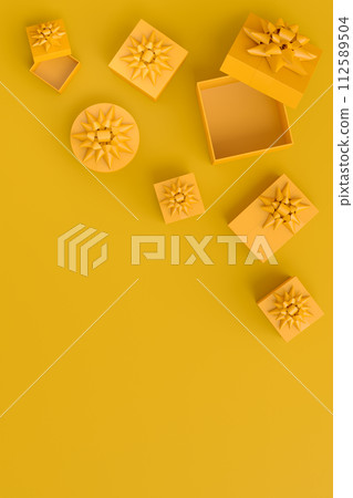 Gift boxes with ribbon and bow for Christmas flying and falling on monochrome Gift boxes with ribbon and bow for Christmas flying and falling on monochrome 112589504