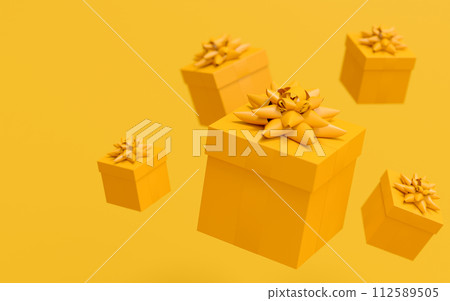Gift boxes with ribbon and bow for Christmas flying and falling on monochrome Gift boxes with ribbon and bow for Christmas flying and falling on monochrome 112589505
