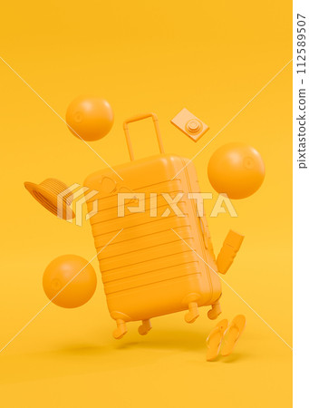 Colorful suitcase or baggage with beach accessories on monochrome background. 112589507