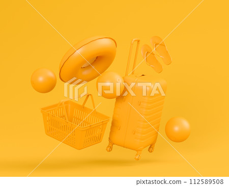 Colorful luggage with beach accessories and shopping basket on monochrome 112589508
