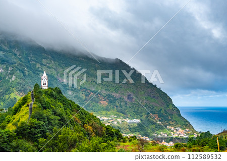 Capelinha de Nossa Senhora de Fatima in Madeira Portugal. Traditional architecture and green tropical landscape of tourist attraction on island resort 112589532