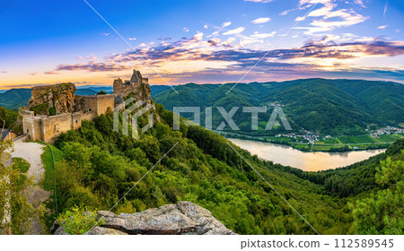 Wachau valley and Danube river. Aggstein medieval castle. Austrian landmark 112589545