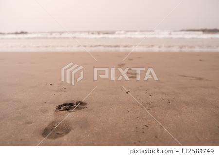 A sequence of a child's footprints in the sand creates a path leading towards the ocean waves in the distance. Child's Footprints Leading to Ocean Waves. 112589749
