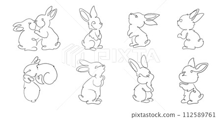 Set of drawing Easter rabbit. Cute bunny in the line art style, minimal logo tattoo in vector illustration Set of drawing Easter rabbit. Cute bunny in the line art style, minimal logo tattoo in vector illustration 112589761