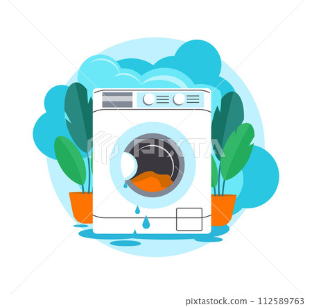 Design image save water. A broken washing machine with water coming out and plants. Vector illustration Design image save water. A broken washing machine with water coming out and plants. Vector illustration 112589763