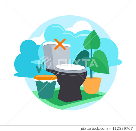 Design image save water. A toilet with surrounded by a green bucket, a potted plant, and a blue sky with clouds. Vector illustration 112589767