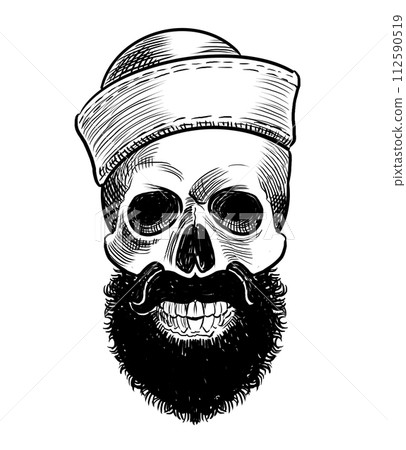 Sailor skull in navy hat. Hand drawn retro styled black and white drawing Sailor skull in navy hat. Hand drawn retro styled black and white drawing 112590519
