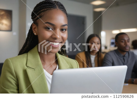 AI-generated content. Businesswoman in green blazer working with laptop. 112590626