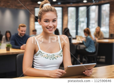 AI-generated content. Blonde woman holding tablet in office environment. Engaged and attentive. AI-generated content. Blonde woman holding tablet in office environment. Engaged and attentive. 112590646