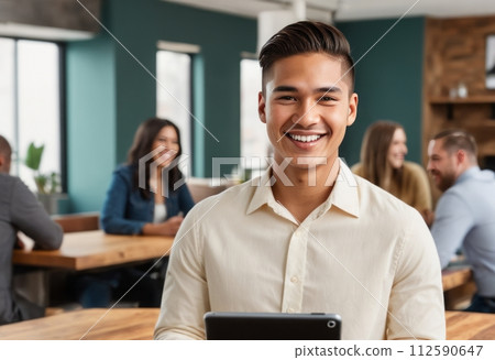 AI-generated content. A cheerful man in a light shirt holds a digital tablet in an office with a group discussing in the background. 112590647