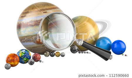 Magnifying glass with planets and satellites of the solar system, 3D rendering Magnifying glass with planets and satellites of the solar system, 3D rendering 112590660