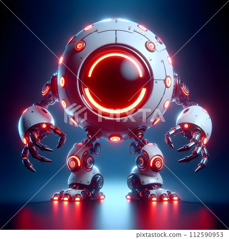Robot is round and white with glowing red light strips around the head. Robot is round and white with glowing red light strips around the head. 112590953