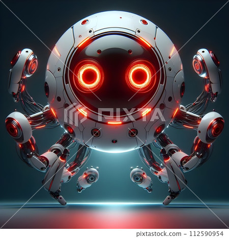 Robot is round and white with glowing red light strips around the head. Robot is round and white with glowing red light strips around the head. 112590954