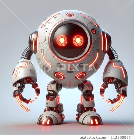 Robot is round and white with glowing red light strips around the head. Robot is round and white with glowing red light strips around the head. 112590955