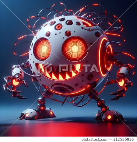 Robot is round and white with glowing red light strips around the head. Robot is round and white with glowing red light strips around the head. 112590956