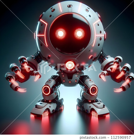 Robot is round and white with glowing red light strips around the head. Robot is round and white with glowing red light strips around the head. 112590957