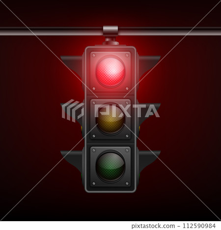 Vector Realistic Hanging Traffic Light with Glowing Red Prohibiting Signal Isolated on Black Background 112590984