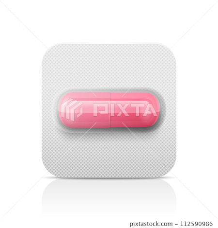 Vector Realistic Pink Pharmaceutical Medical Pink Pill, Vitamins, Capsule in Blister Closeup Isolated. Pill in Blister Packaging Design Template. Front View. Medicine, Health Concept 112590986