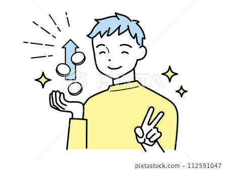 Earn more money and points A man smiling and giving a peace sign 112591047