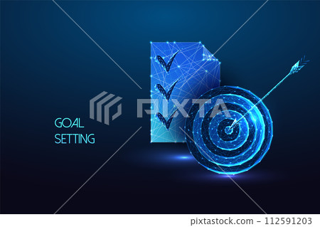 Goal setting, strategic planning futuristic concept with target symbol and task list on blue 112591203