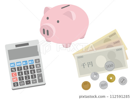 Illustration of money, piggy bank and calculator_1 112591285