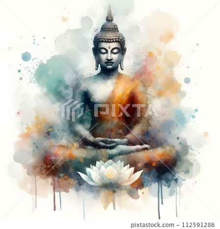 Buddha sitting in full body watercolor paints. 112591286