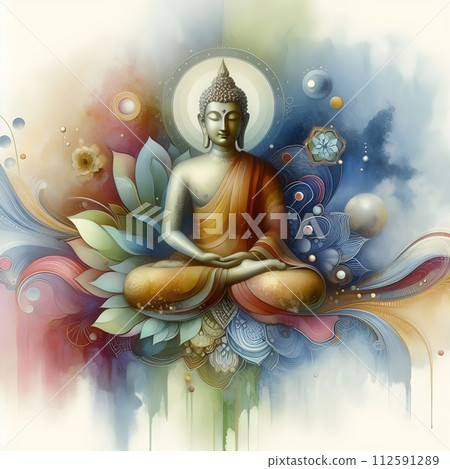 Buddha sitting in full body watercolor paints. 112591289