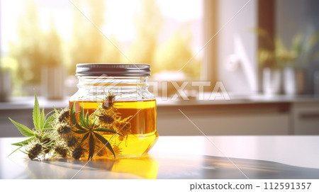 Close-up of a jar of cannabis oil with a cannabis plant in the background Close-up of a jar of cannabis oil with a cannabis plant in the background 112591357