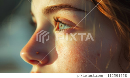 Portrait of woman with clear skin and light makeup under soft, warm light Portrait of woman with clear skin and light makeup under soft, warm light 112591358