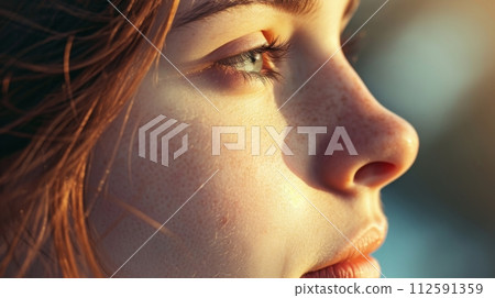 Close-up portrait of a young beautiful woman with freckles on her face Close-up portrait of a young beautiful woman with freckles on her face 112591359