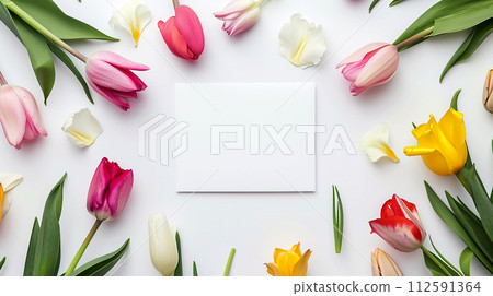 Colorful tulips on white background with blank note paper in center Colorful tulips on white background with blank note paper in center 112591364