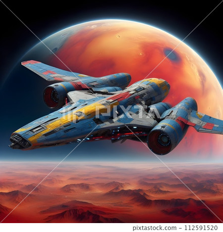 Modern spaceships in blue, grey, red, yellow, blue with Mars in the background. 112591520