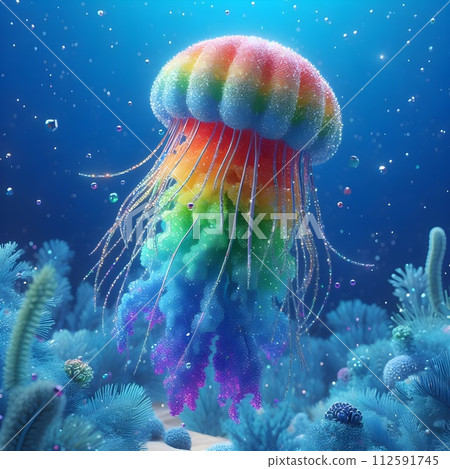 Rainbow glitter jellyfish in full body image in blue tropical. 112591745