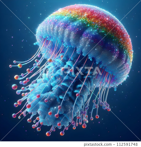 Rainbow glitter jellyfish in full body image in blue tropical. 112591748