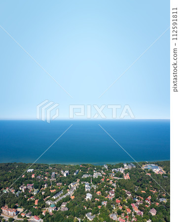 Baltic sea coastline with Svetlogorsk town. Aerial view 112591811
