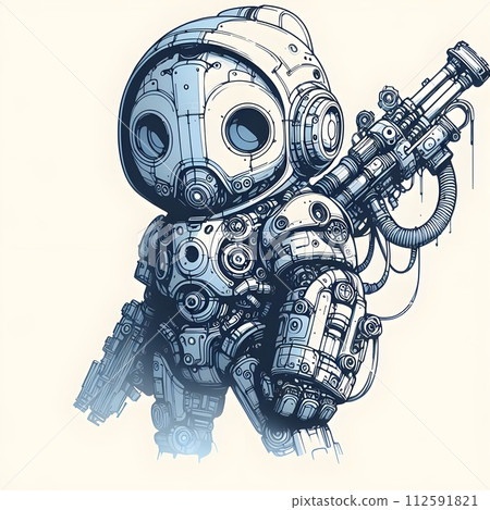 Minimal drawing of a cute sci-fi robot design.  112591821