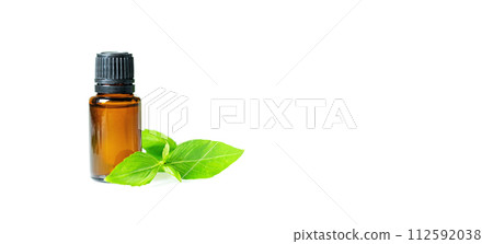 Essential oils in dark glass bottle with aroma herbs. 112592038
