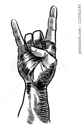 Hand making rock sign. Hand drawn retro styled black and white drawing 112592145