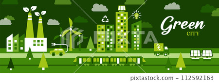 Sustainable green eco city on the earth planet in flat design vector illustration. 112592163