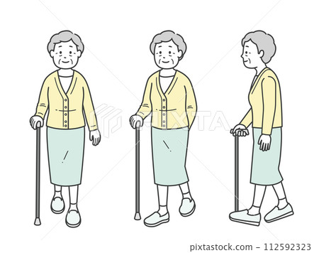 Full body illustration of a late elderly woman walking with a cane 112592323