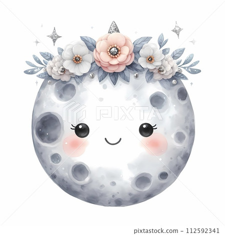 Round moon with smiley face cute flower wreath. Round moon with smiley face cute flower wreath. 112592341
