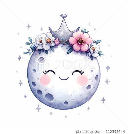 Round moon with smiley face cute flower wreath. 112592344