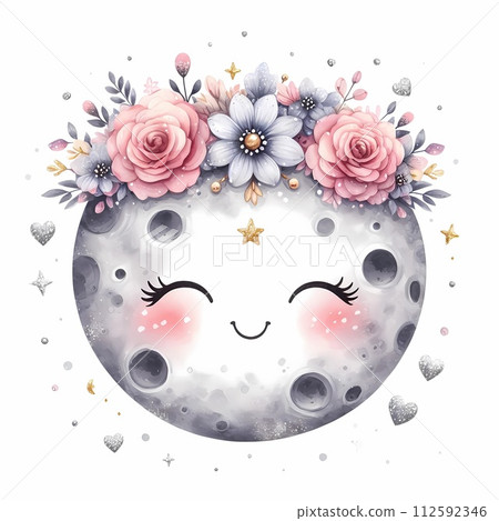 Round moon with smiley face cute flower wreath. 112592346