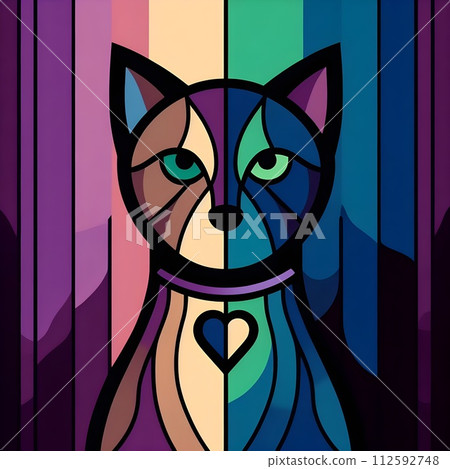 Silhouette of a green-eyed tabby cat wearing a heart-shaped amulet from his lapel. In dark tones, Picasso style. 112592748