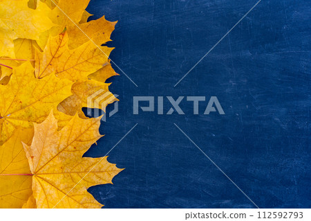 Autumn leaves frame on blue background top view Autumn leaves frame on blue background top view 112592793