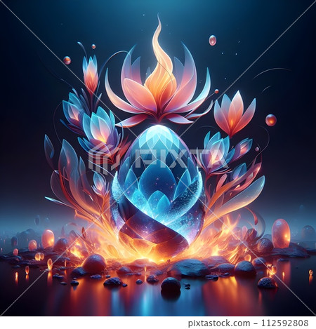 Crystal egg and pica flower on flame. Crystal egg and pica flower on flame. 112592808