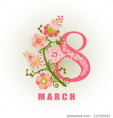 Greeting card for International Womens Day, March 8. Pink number 8 with flowers ornament with inscription. Vector illustration 112593052