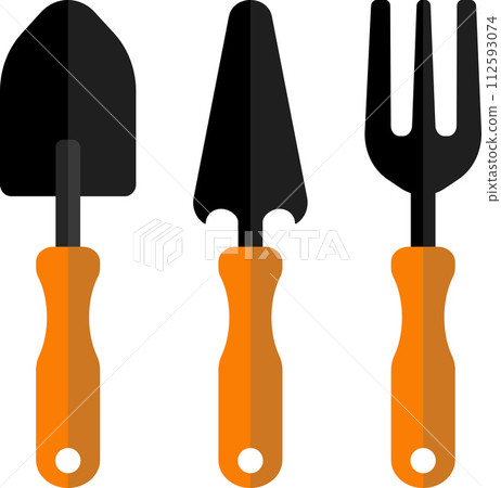 Garden hand tools set. Garden fork, trowel spade icon. Vector illustration Garden hand tools set. Garden fork, trowel spade icon. Vector illustration 112593074